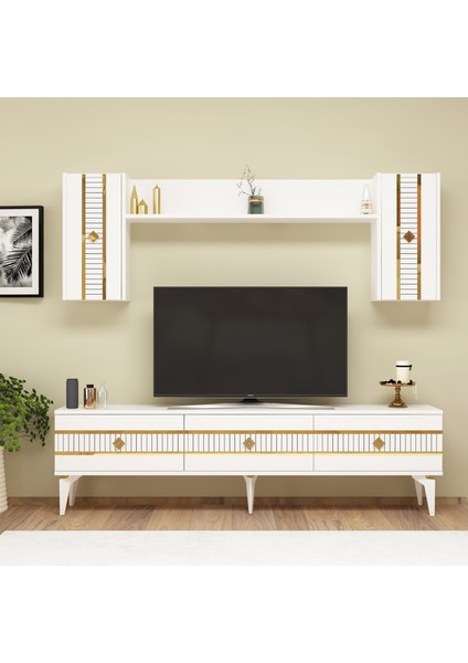 Lenora Tv Ünitesi Takımı Beyaz-Altın