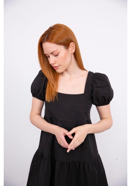 Siyah Balon Kol Kare Yaka Poplin Elbise fiyatları