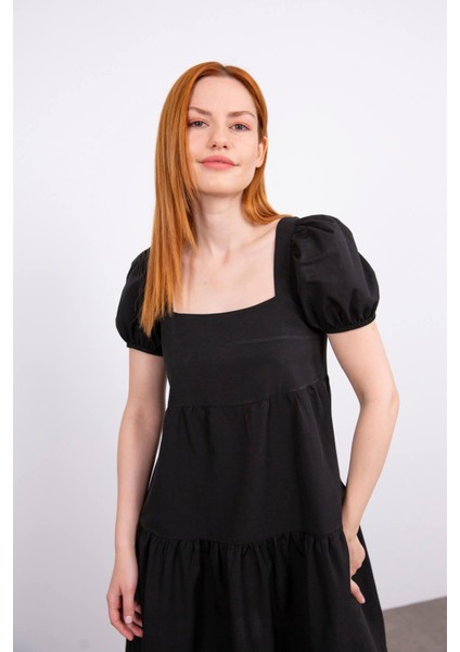 Siyah Balon Kol Kare Yaka Poplin Elbise modelleri