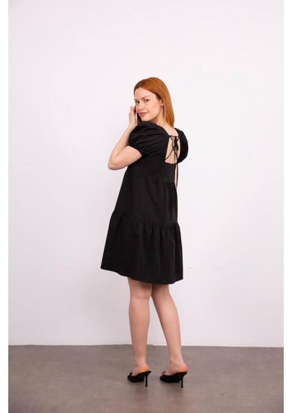 Siyah Balon Kol Kare Yaka Poplin Elbise indirimleri