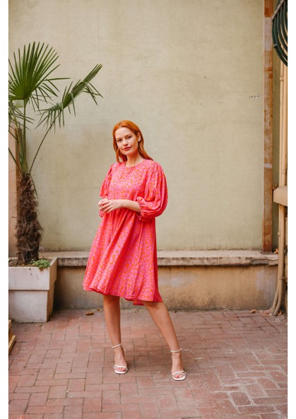 Pembe Turuncu Sırtı Bağlamalı Balon Kol Elbise