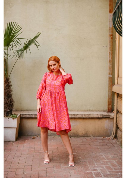 Pembe Turuncu Sırtı Bağlamalı Balon Kol Elbise fiyatları