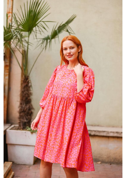 Pembe Turuncu Sırtı Bağlamalı Balon Kol Elbise modelleri