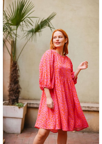 Pembe Turuncu Sırtı Bağlamalı Balon Kol Elbise fırsatları