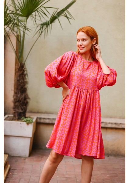 Pembe Turuncu Sırtı Bağlamalı Balon Kol Elbise indirimleri