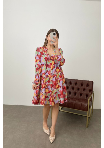 Renkli Hakim Yaka Salaş Elbise