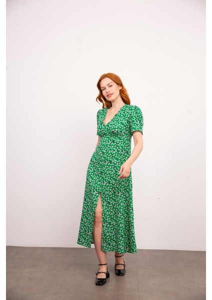 Yeşil Pembe Çiçek Desenli Elbise