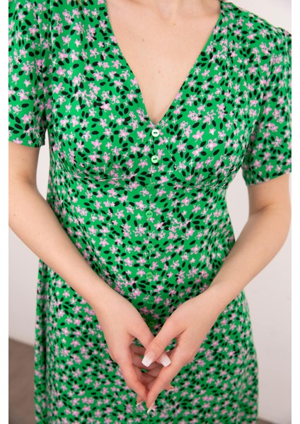 Yeşil Pembe Çiçek Desenli Elbise modelleri