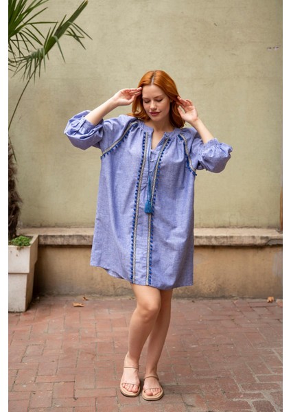 Indigo Yakası Püsküllü Uzun Kol Keten Elbise