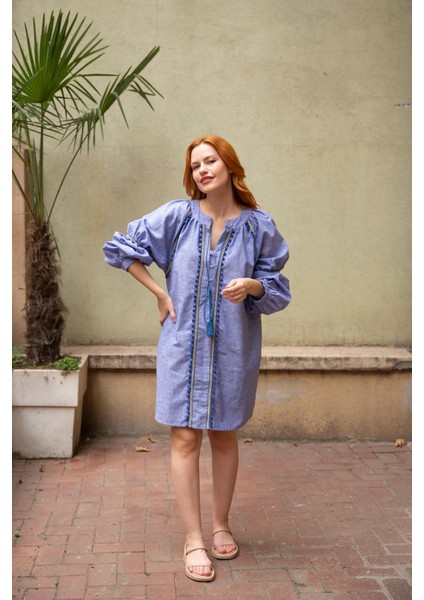 Indigo Yakası Püsküllü Uzun Kol Keten Elbise fiyatları
