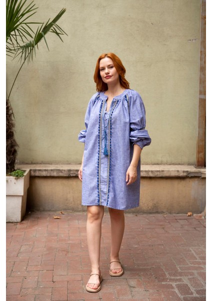 Indigo Yakası Püsküllü Uzun Kol Keten Elbise modelleri