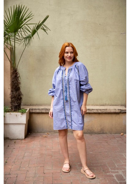 Indigo Yakası Püsküllü Uzun Kol Keten Elbise fırsatları