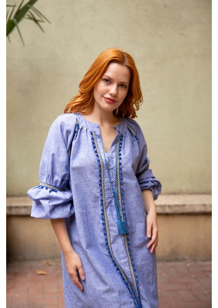 Indigo Yakası Püsküllü Uzun Kol Keten Elbise indirimleri