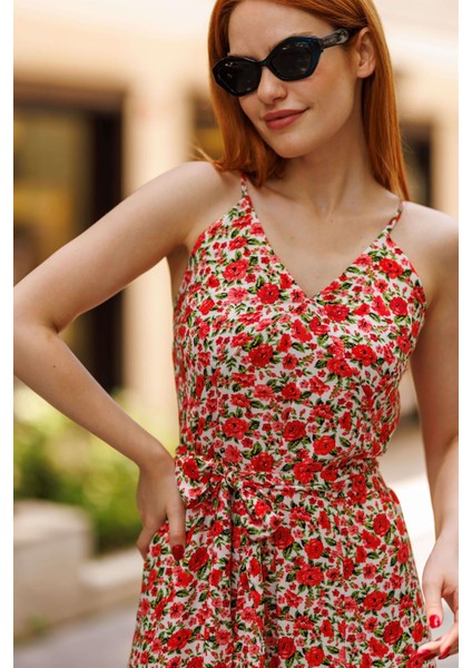 Beyaz Kırmızı Çiçekli Askılı Kuşaklı Fırfırlı Elbise fiyatları