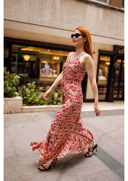 Beyaz Kırmızı Çiçekli Askılı Kuşaklı Fırfırlı Elbise modelleri