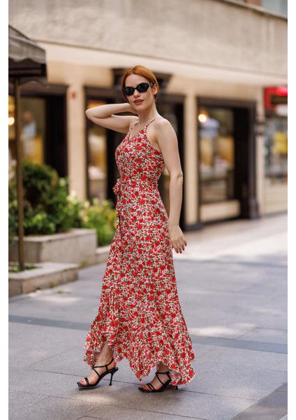 Beyaz Kırmızı Çiçekli Askılı Kuşaklı Fırfırlı Elbise fırsatları