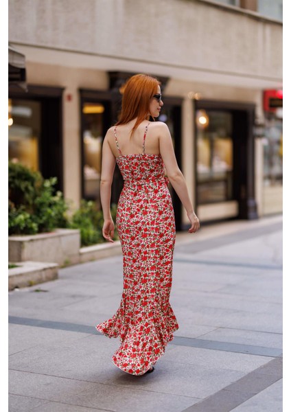 Beyaz Kırmızı Çiçekli Askılı Kuşaklı Fırfırlı Elbise indirimleri