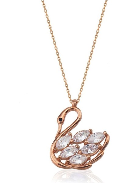 925 Ayar Rose Kaplamalı Beyaz Taşlı Kuğu Tasarımlı Gümüş Kolye