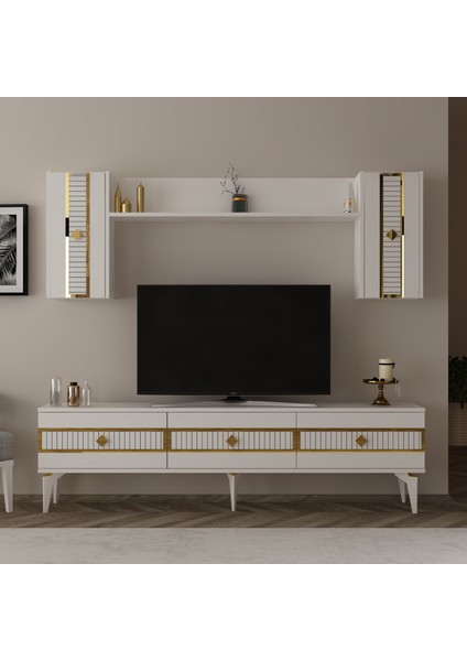 Nora Tv Ünitesi Takımı Beyaz - Altın