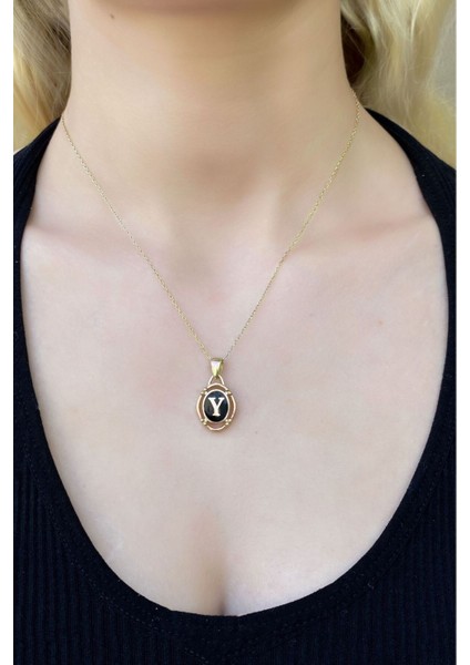 925 Ayar Gold Kaplamalı Siyah Mineli Y Harfi Gümüş Kolye