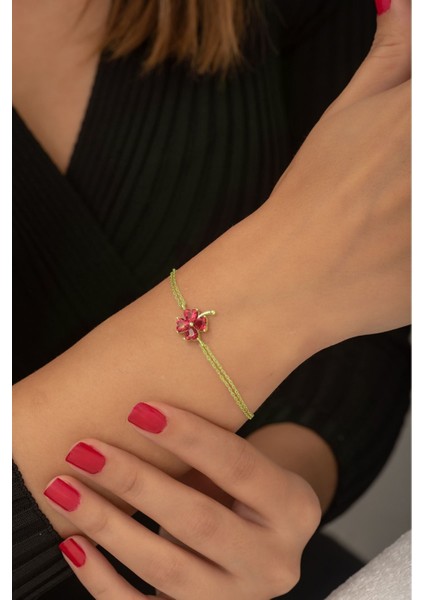 925 Ayar Gold Kaplamalı Fuşya Renkli Kalp Taşlı Yonca gümüş bileklik