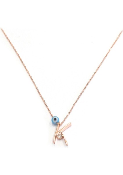 925 Ayar Rose Kaplamalı Beyaz Taşlı Nazar Gözlü K Harf Gümüş Kolye