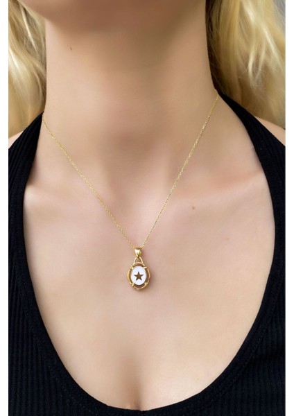925 Ayar Gold Kaplamalı Beyaz Mineli Yıldız Gümüş Kolye