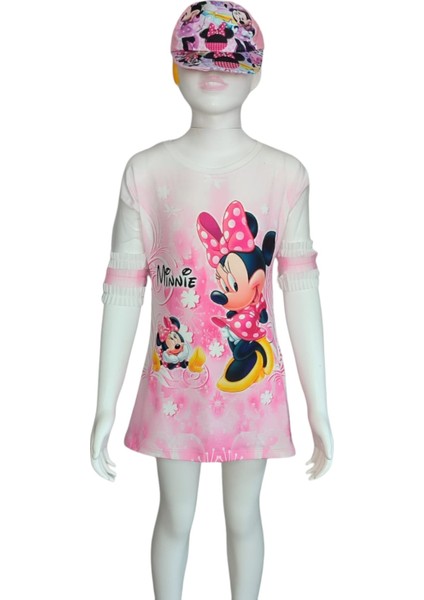 Kız Çocuk Minnie Mouse Baskılı Şapka Aksesuarlı Yazlık Tunik Elbise