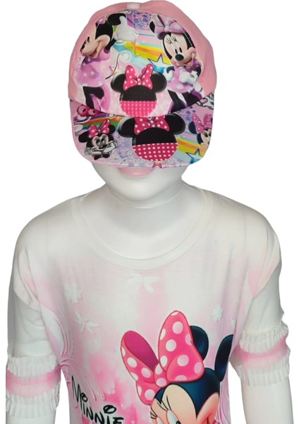 Kız Çocuk Minnie Mouse Baskılı Şapka Aksesuarlı Yazlık Tunik Elbise