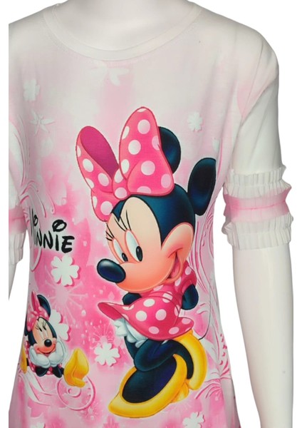 Kız Çocuk Minnie Mouse Baskılı Şapka Aksesuarlı Yazlık Tunik Elbise