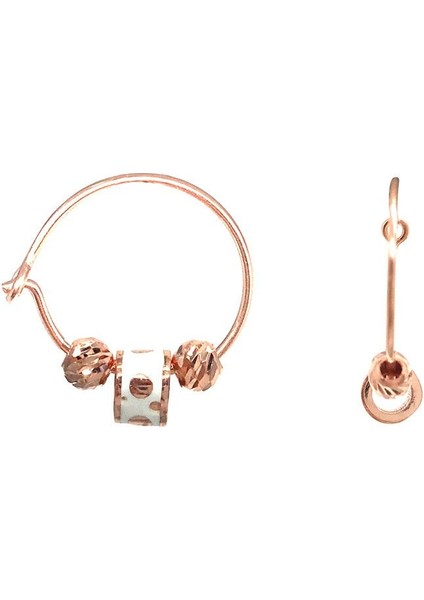 925 Ayar Rose Kaplamalı Dorika Taşlı Beyaz Mineli Yuvarlak Sembollü Halka Gümüş Küpe