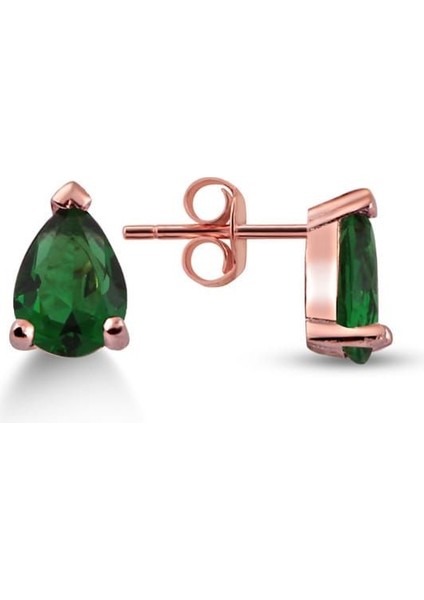 925 Ayar Rose Kaplamalı Damla Kesim Yeşil Taşlı Gümüş Küpe