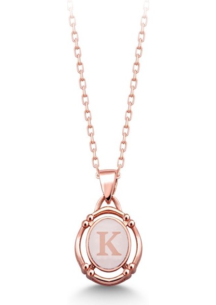 925 Ayar Rose Kaplamalı Beyaz Mineli K Harfi Gümüş Kolye