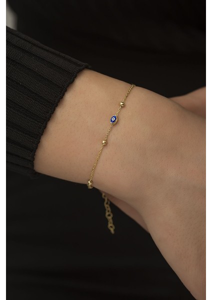 925 Ayar Gold Kaplamalı Top Zincirli Laci Nazar Göz Gümüş Bileklik