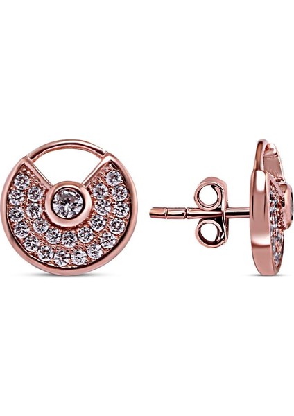 925 Ayar Rose Kaplamalı Beyaz Taşlı Yuvarlak Gümüş Küpe