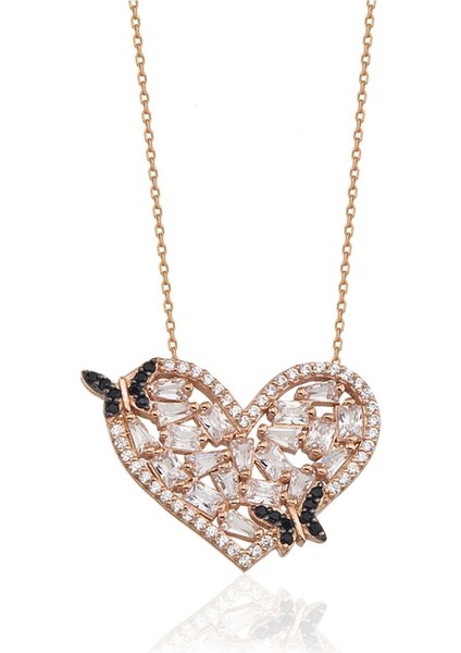 925 Ayar Rose Kaplamalı Beyaz Kalpli Siyah Kelebekli Gümüş Kolye