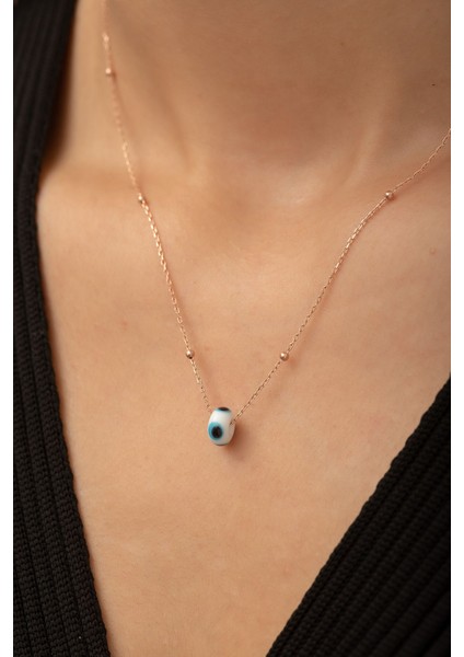 925 Ayar Rose Kaplamalı Beyaz Mineli Nazar Gözlü Top Zincirli Gümüş Kolye