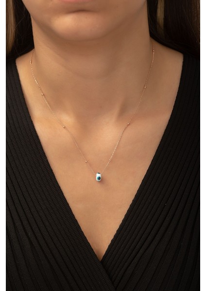 925 Ayar Rose Kaplamalı Beyaz Mineli Nazar Gözlü Top Zincirli Gümüş Kolye fiyatları