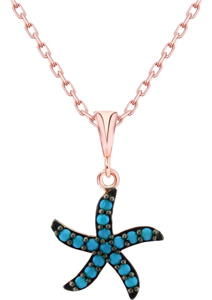 925 Ayar Rose Kaplamalı Turkuaz Taşlı Deniz Yıldızı Gümüş Kolye