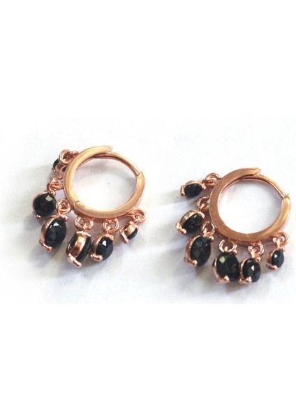 925 Ayar Rose Kaplamalı Sallantılı Siyah Taşlı Minimal Halka Gümüş Küpe