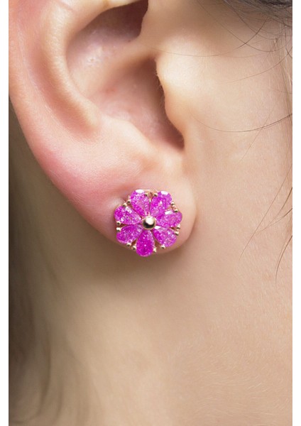 925 Ayar Rose Kaplamalı Fuşya Taşlı Papatya Gümüş Küpe