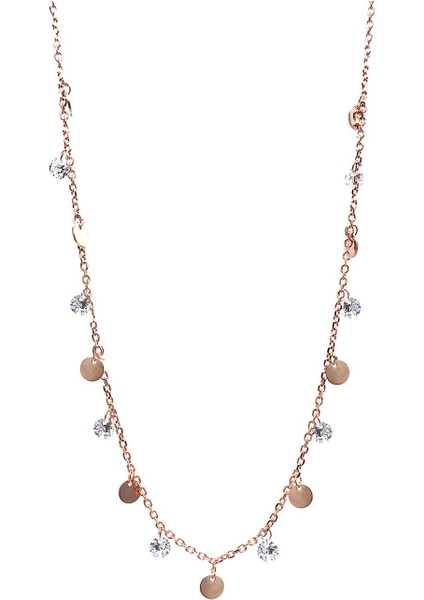 925 Ayar Rose Kaplamalı Beyaz Taşlı Yuvarlak Pullu Gümüş Kolye