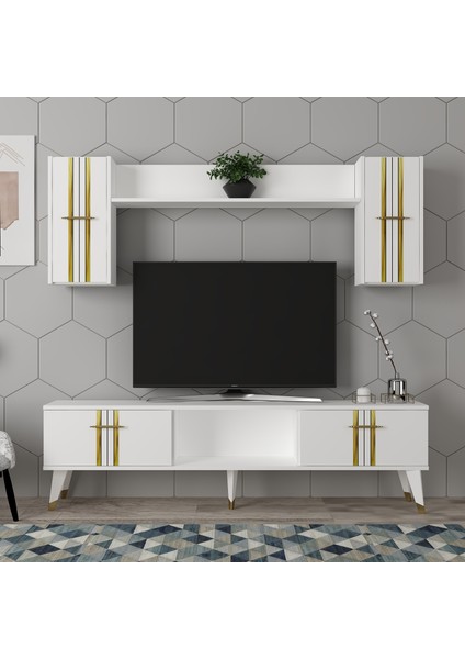 Asel Tv Ünitesi ve Konsol 2'li Salon Takımı Beyaz-Altın fiyatları