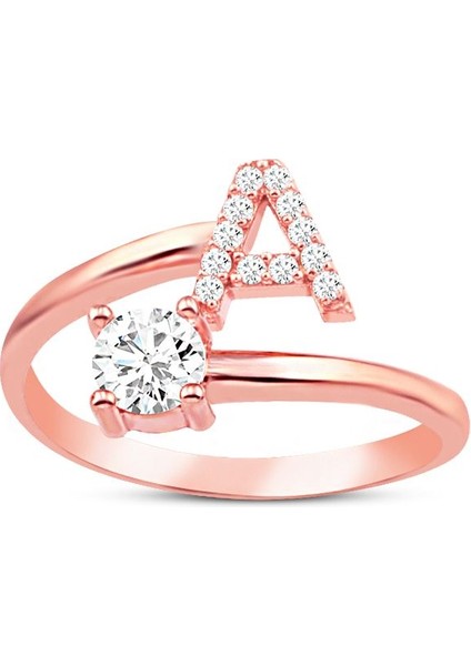 925 Ayar Rose Kaplamalı Beyaz Taşlı A Harfi Gümüş Yüzük