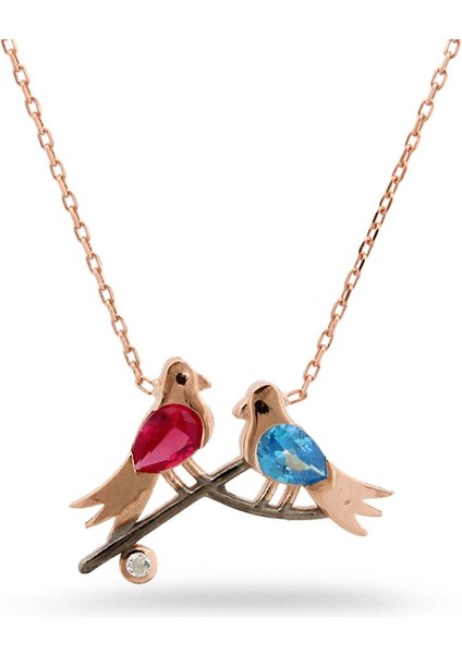 925 Ayar Rose Kaplamalı Ruby ve Aqua Taşlı 2li Kuş Gümüş Kolye