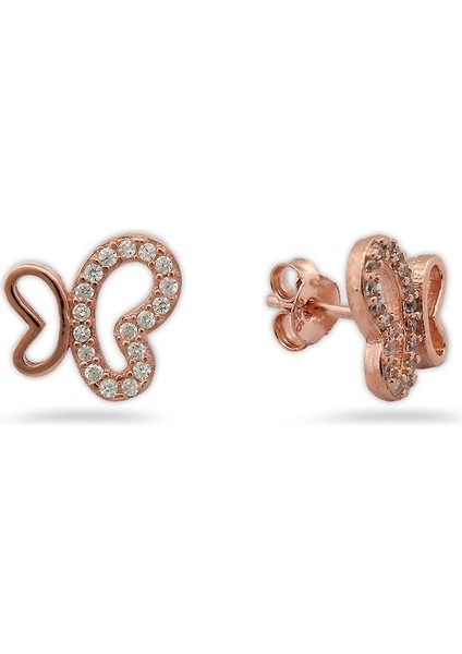 925 Ayar Rose Kaplamalı Beyaz Taşlı Çiçek Gümüş Küpe