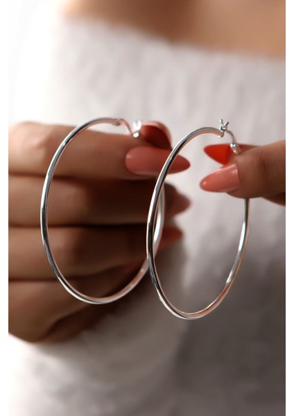 925 Ayar Rodyum Kaplamalı 6 cm Gümüş Halka Küpe