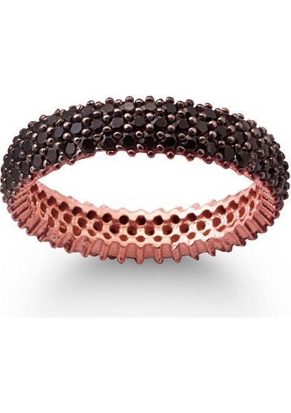 925 Ayar Rose Kaplamalı Siyah Taşlı Tam Tur Gümüş Yüzük