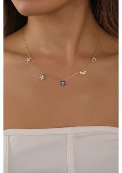 925 Ayar Gold Kaplamalı Beyaz Taşlı Nazarlı Gümüş Şans Kolyesi