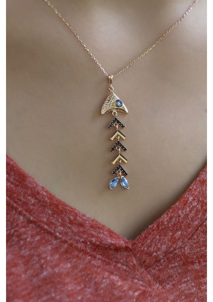 925 Ayar Rose Kaplamalı Aqua ve Siyah Taşlı Balık Kılçığı Gümüş Kolye